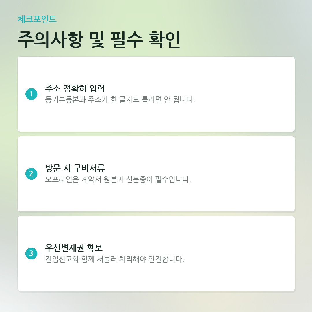 주의사항 및 필수 확인 요약 카드